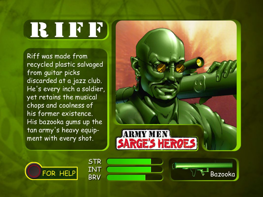 Army Men: Sarge's Heroes 2 Concept Art (Army Men Digital Press Kit 2000): Riff Bio