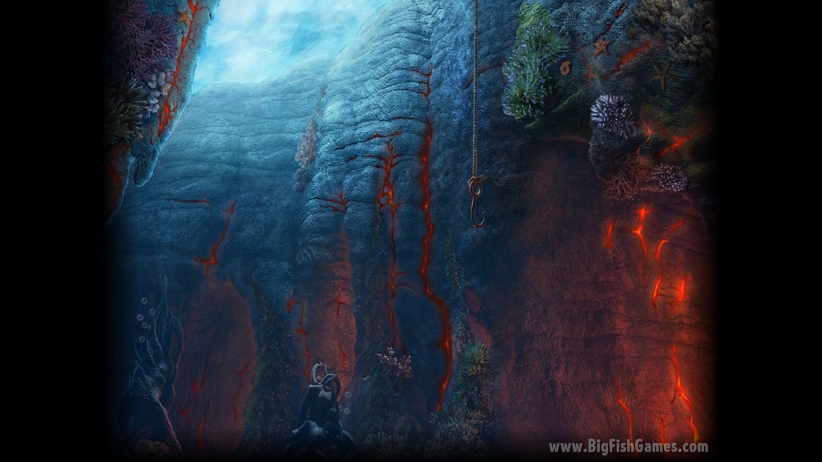 Hidden Expedition: The Uncharted Islands (Collector's Edition) Screenshot (Official screen savers): An underwater scene from midway through the game. The hook sways in the current, the lava glows, bubbles rise etc.