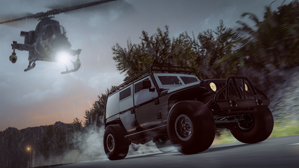 Forza Horizon 2 Presents Fast & Furious Screenshot (Xbox.com product page): Helicopter vs. Jeep