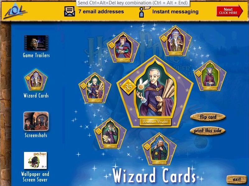 Harry Potter and the Sorcerer's Stone Screenshot (AOL Harry Potter And The Philosopher's Stone Promotional CD (UK)): These are the printable 'Wizard Cards', the flip side has details of the wizard shown in the picture