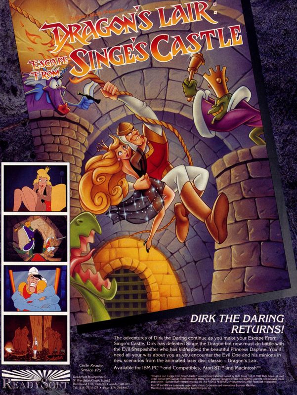Dragon's Lair: Escape from Singe's Castle Magazine Advertisement (Magazine Advertisements): Computer Gaming World (United States) Issue 89 (December 1991)