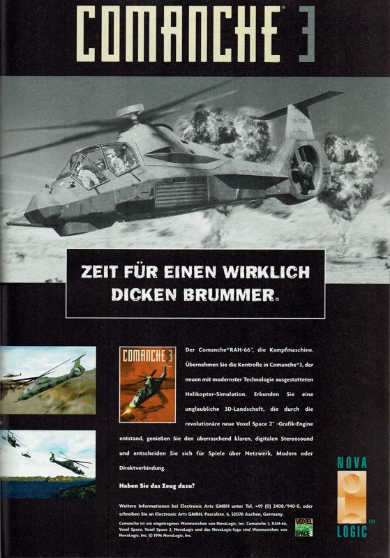 Comanche 3 Magazine Advertisement (Magazine Advertisements): PC Player (Germany), Issue 10/1996