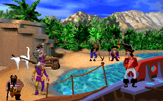 The Legend of Kyrandia: Book 3 - Malcolm's Revenge Screenshot (Westwood Studios website - screenshots (1997)): Dogs, cats, bow-legged pirates.... Hmmm, nothing abnormal here.