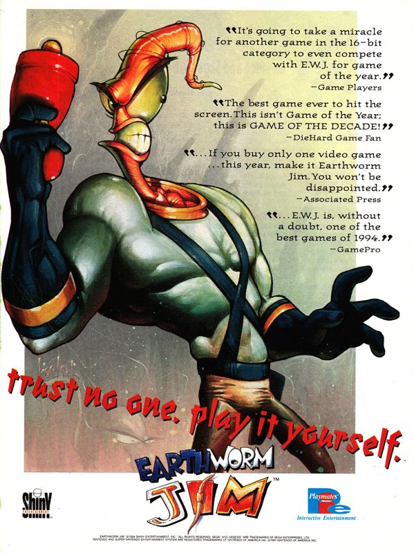 Earthworm Jim Magazine Advertisement (Magazine Advertisements): Official Magazine Advertisement GamePro (International Data Group, United States), Issue 65 (December 1994)