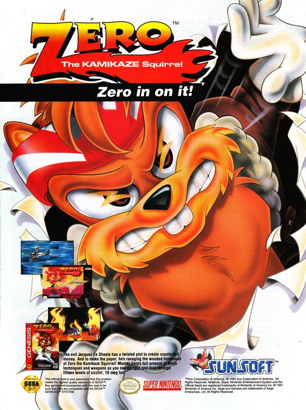 Zero the Kamikaze Squirrel Magazine Advertisement (Magazine Advertisements): Official Magazine Advertisement GamePro (International Data Group, United States), Issue 65 (December 1994)