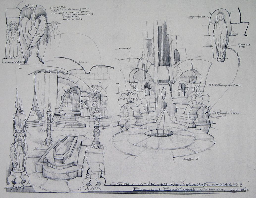 Van Helsing Concept Art (Van Helsing Fansite Kit): Central Circular Hall with 3 Archway Entrances Into Brides Bedrooms