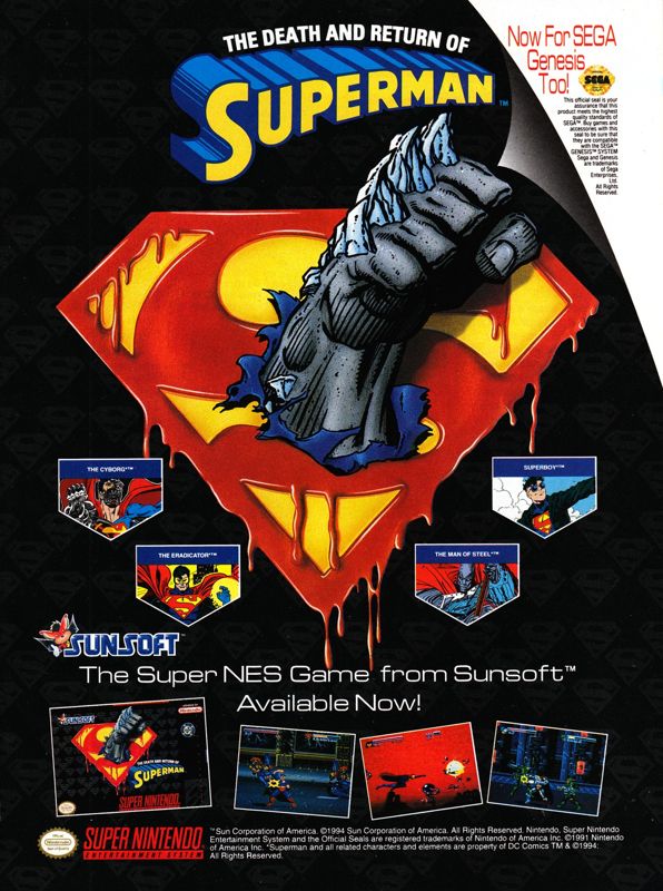 The Death and Return of Superman Magazine Advertisement (Magazine Advertisements): Official Magazine Advertisement GamePro (International Data Group, United States), Issue 65 (December 1994)