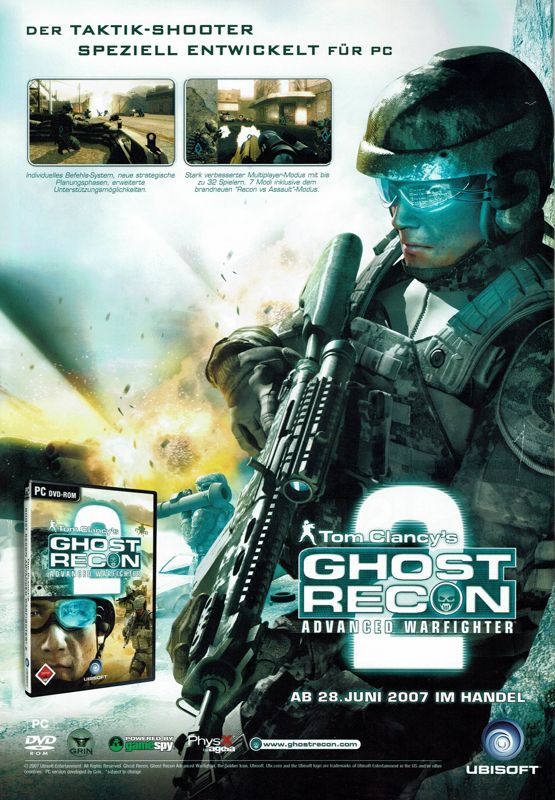 Tom Clancy's Ghost Recon: Advanced Warfighter 2 Magazine Advertisement (Magazine Advertisements): PC Powerplay (Germany), Issue 07/2007