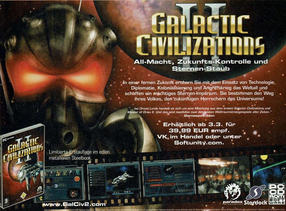Galactic Civilizations II: Dread Lords Magazine Advertisement (Magazine Advertisements): PC Powerplay (Germany), Issue 02/2006