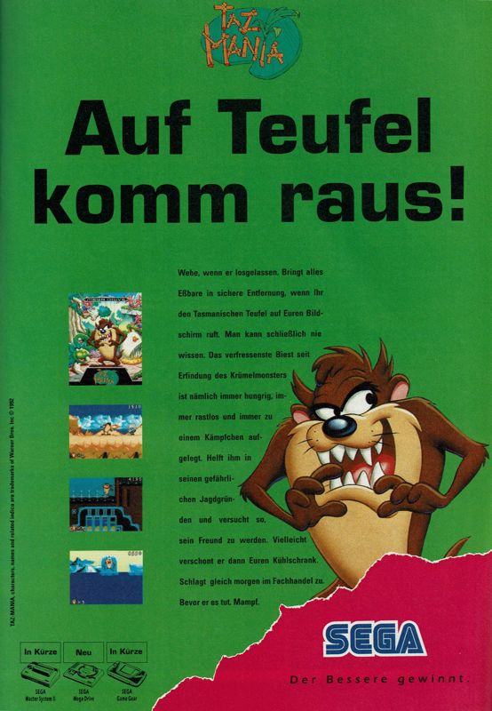 Taz-Mania Magazine Advertisement (Magazine Advertisements): Megablast (Germany), Issue #1 (1992)