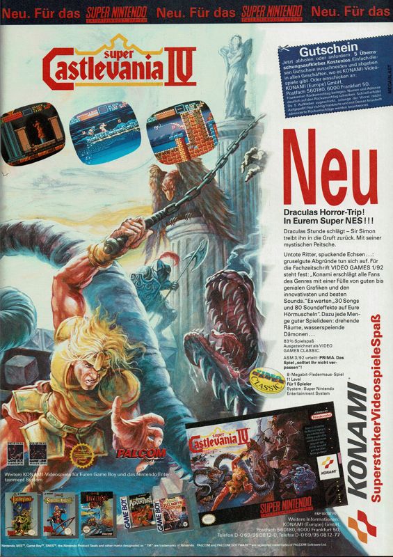 Super Castlevania IV Magazine Advertisement (Magazine Advertisements): Megablast (Germany), Issue #1 (1992)