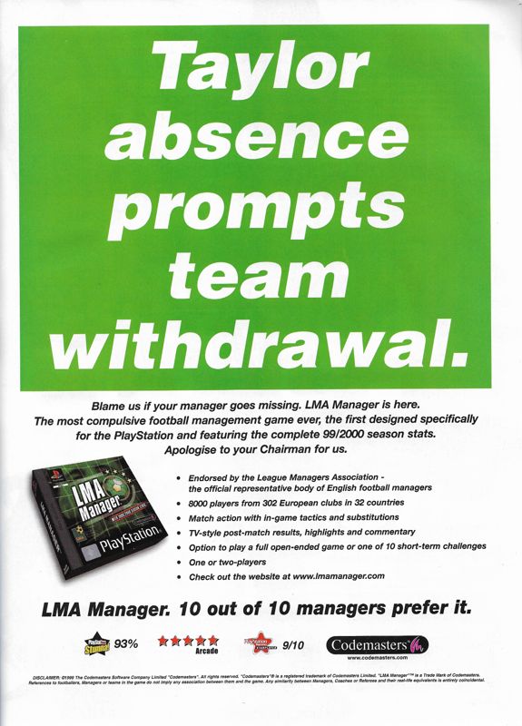 LMA Manager Magazine Advertisement (Magazine Advertisements): Goal! (United Kingdom), Issue 8, November 3, 1999