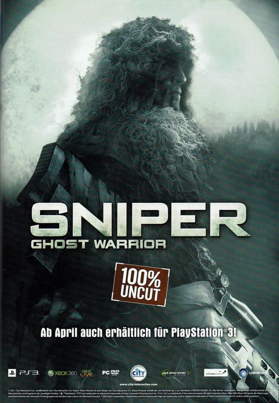 Sniper: Ghost Warrior Magazine Advertisement (Magazine Advertisements): Gamers Plus (Germany), Issue #18 (April 2011)
