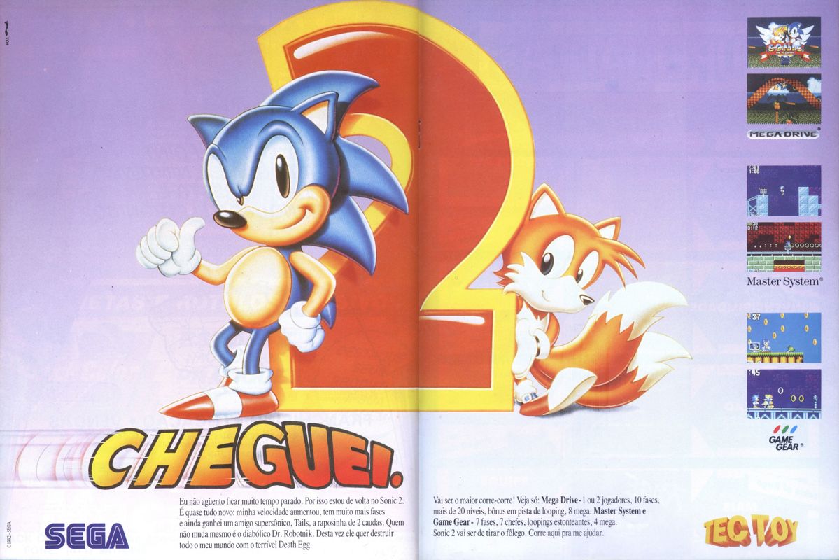 Sonic the Hedgehog 2 Magazine Advertisement (Magazine Advertisements): SuperGame (Brazil) Issue 18 (January 1993) pp. 24-25