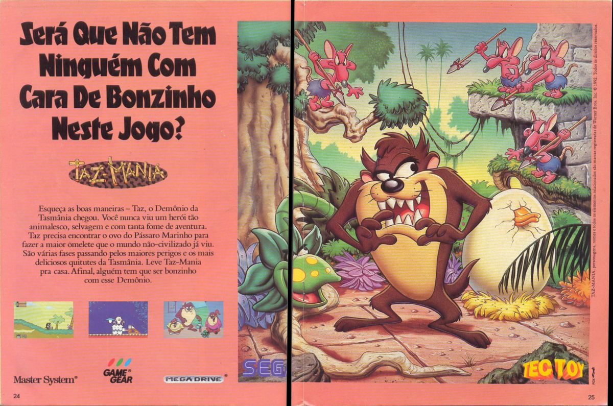 Taz-Mania Magazine Advertisement (Magazine Advertisements): SuperGame (Brazil) Issue 20 (March 1993) pp. 24-25