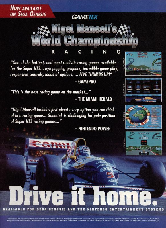 Nigel Mansell's World Championship Racing Magazine Advertisement (Magazine Advertisements): GamePro (International Data Group, United States), Issue 58 (May 1994)
