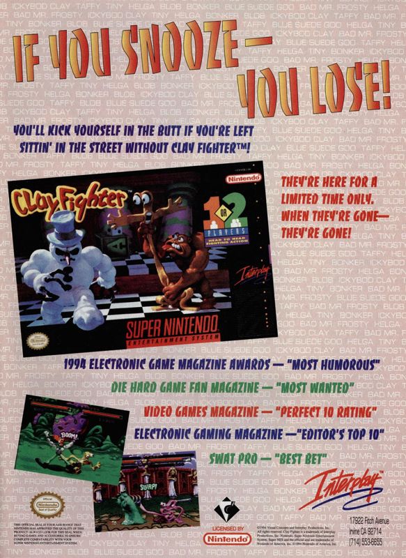Clay Fighter Magazine Advertisement (Magazine Advertisements): Official Magazine Advertisement GamePro (International Data Group, United States), Issue 58 (May 1994)