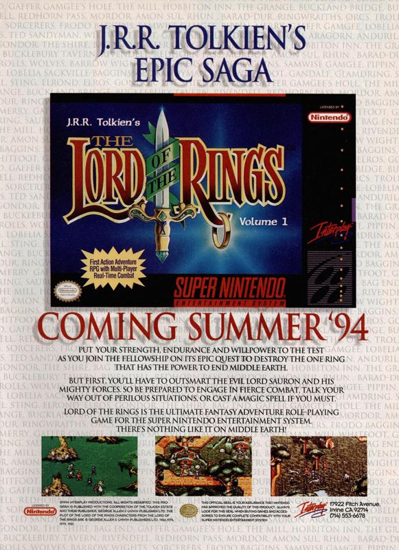 J.R.R. Tolkien's Lord of the Rings: Volume One Magazine Advertisement (Magazine Advertisements): GamePro (International Data Group, United States), Issue 58 (May 1994)