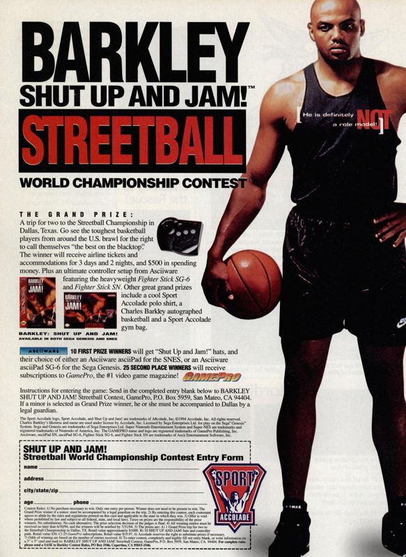 Barkley: Shut Up and Jam! Magazine Advertisement (Magazine Advertisements): Official Magazine Advertisement GamePro (International Data Group, United States), Issue 58 (May 1994)