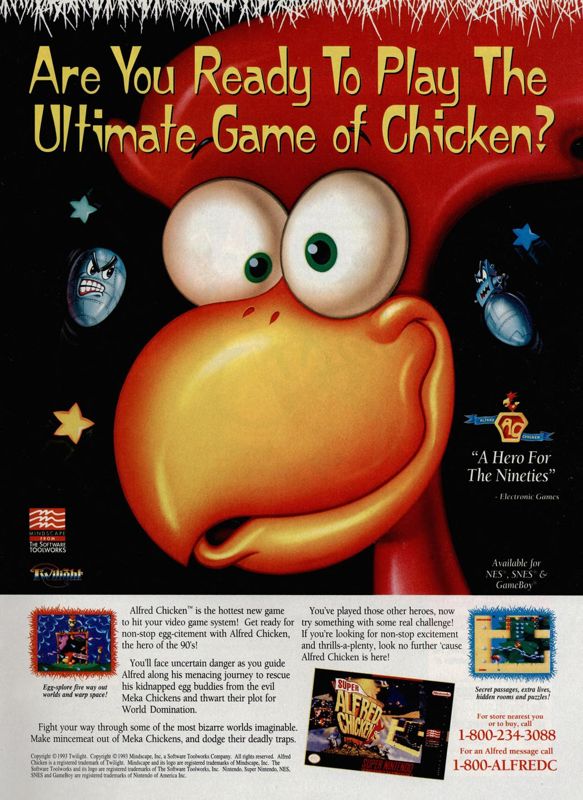 Super Alfred Chicken Magazine Advertisement (Magazine Advertisements): Official Magazine Advertisement GamePro (International Data Group, United States), Issue 58 (May 1994)