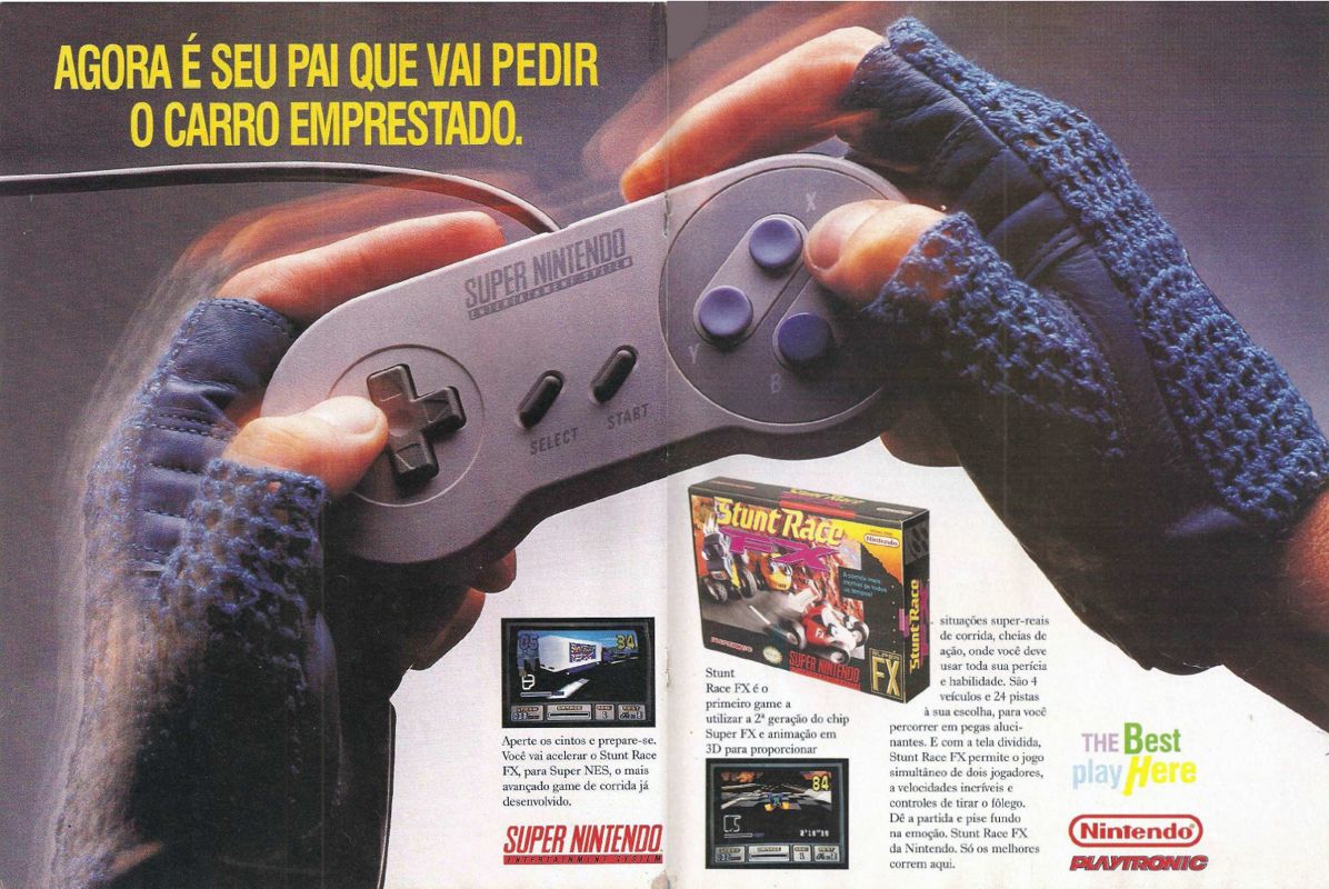 Stunt Race FX Magazine Advertisement (Magazine Advertisements): SuperGamePower (Brazil) Issue 8 (November 1994) pp. 42-43