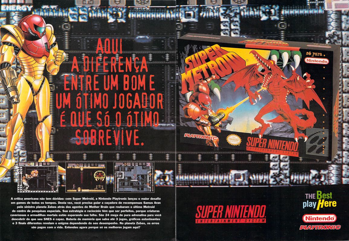 Super Metroid Magazine Advertisement (Magazine Advertisements):<br> Ação Games (Brazil) Issue 63 (July 1994) pp. 20-21