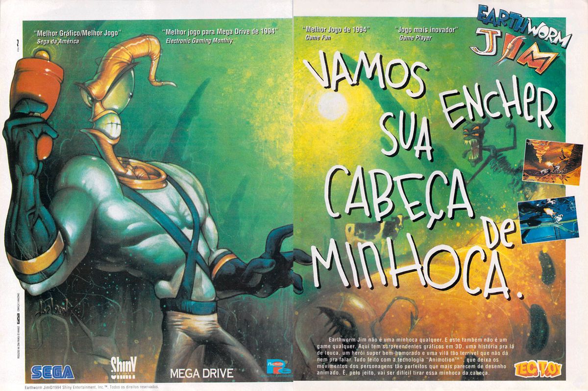 Earthworm Jim Magazine Advertisement (Magazine Advertisements): VideoGame (Brazil) Issue 49 (May 1994) pp. 24-25