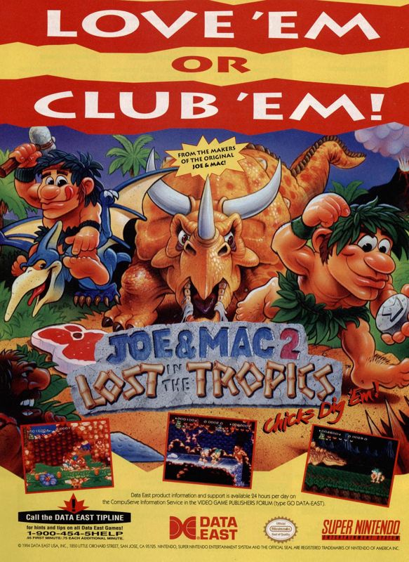 Joe & Mac 2: Lost in the Tropics Magazine Advertisement (Magazine Advertisements): Official Magazine Advertisement GamePro (International Data Group, United States), Issue 58 (May 1994)