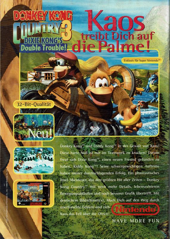 Donkey Kong Country 3: Dixie Kong's Double Trouble! Magazine Advertisement (Magazine Advertisements): Total! (Germany), Issue 12/1996