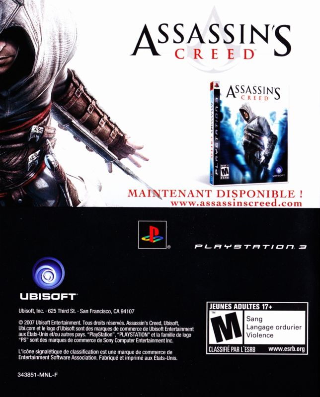 Assassin's Creed Manual Advertisement (Game Manual Advertisements): "Haze" game manual, US/CDN PS3 release French Manual - Back