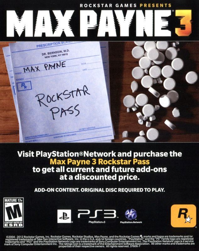 Max Payne 3: Rockstar Pass Other (Pamphlet Advertisements): Pamphlet included with US PS3 release of "Max Payne 3" game