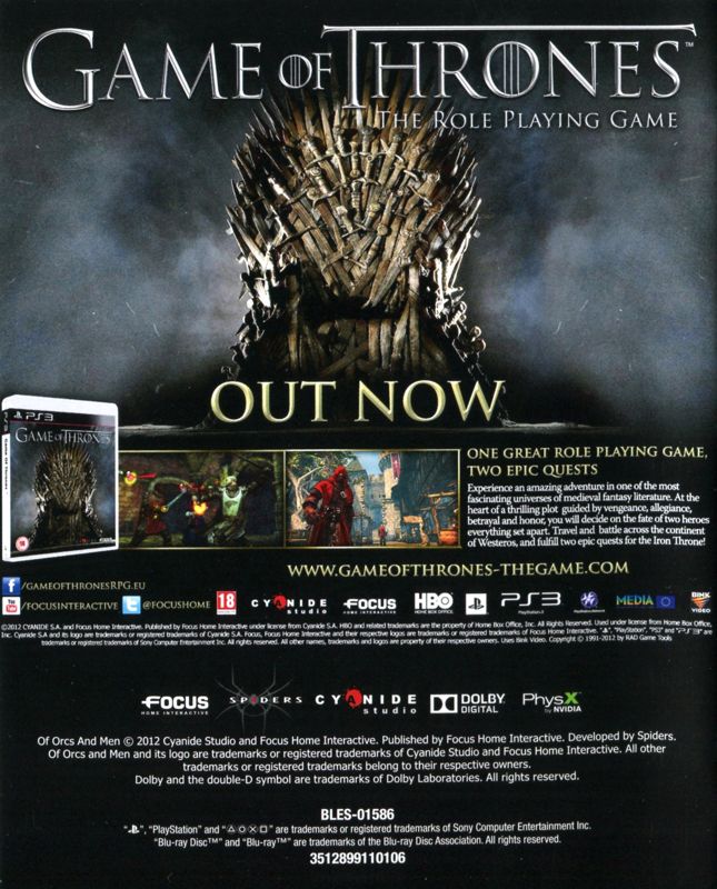 Game of Thrones Manual Advertisement (Game Manual Advertisements): "Of Orcs and Men" game manual, EU PS3 release
