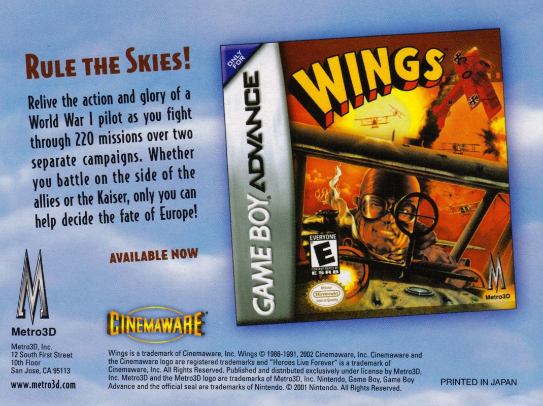 Wings Manual Advertisement (Game Manual Advertisements): "Defender of the Crown" (US GBA release) Manual Back