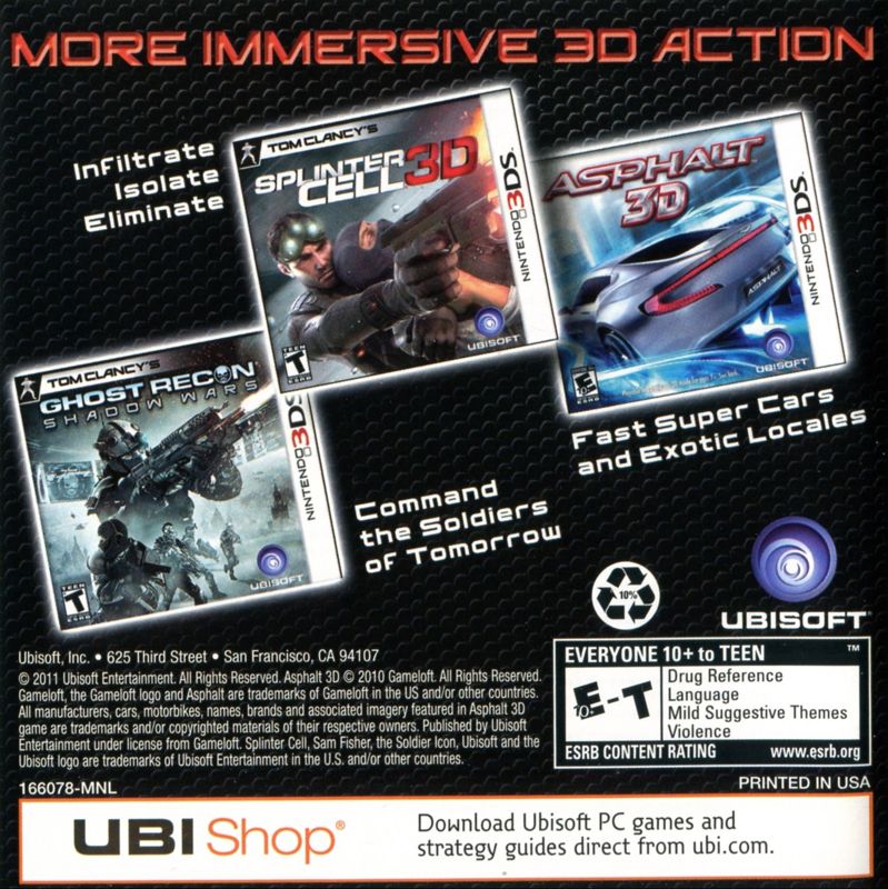Asphalt 6: Adrenaline Manual Advertisement (Game Manual Advertisements): "Tom Clancy's Ghost Recon: Shadow Wars" manuals, Canadian Nintendo 3DS release English Manual - Back