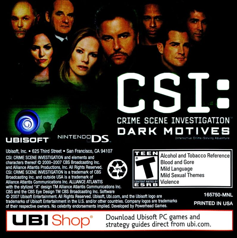 CSI: Crime Scene Investigation - Dark Motives Manual Advertisement (Game Manual Advertisements): CSI: Deadly Intent: The Hidden Cases (US), NDS release (back cover)