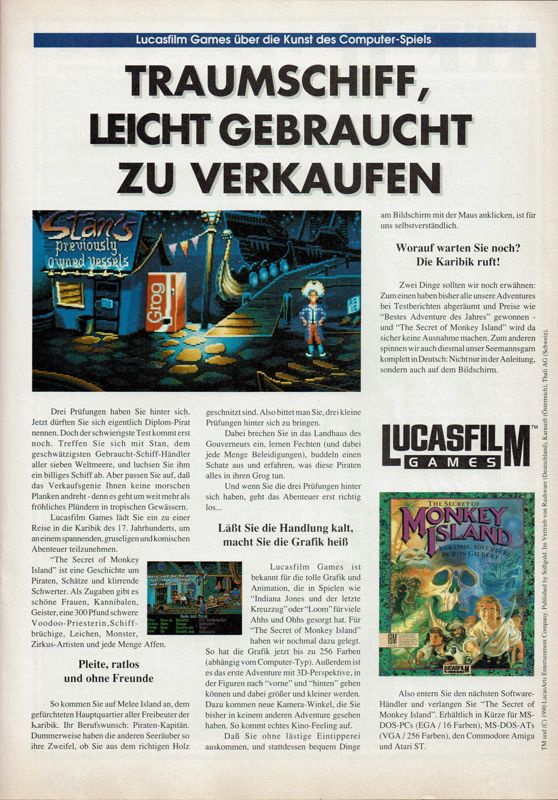 The Secret of Monkey Island Magazine Advertisement (Magazine Advertisements): Amiga Joker (Germany), Issue 01/1991