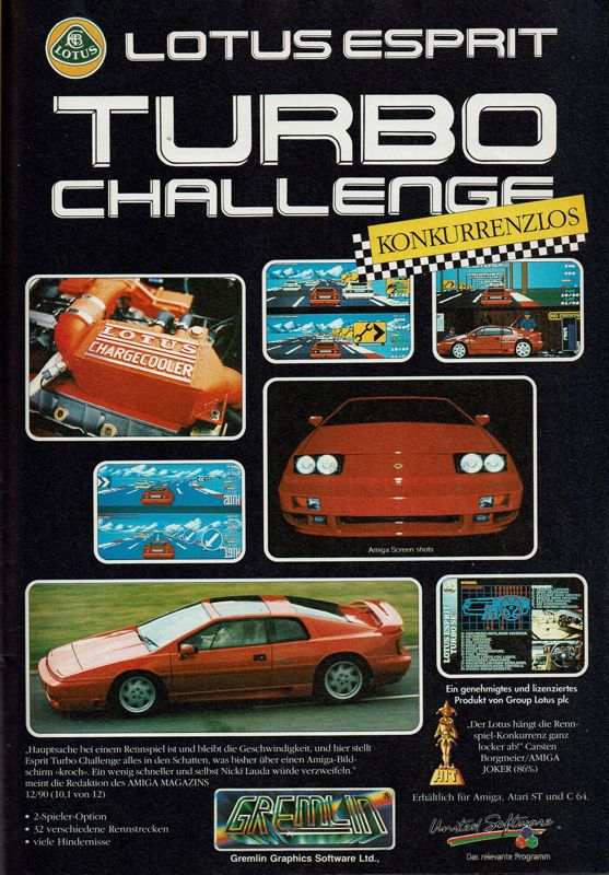 Lotus Esprit Turbo Challenge Magazine Advertisement (Magazine Advertisements): Amiga Joker (Germany), Issue 01/1991