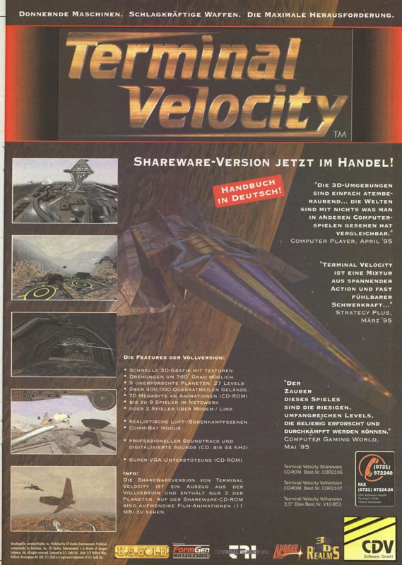 Terminal Velocity Magazine Advertisement (Magazine Advertisements): MCV 08/95 (Germany)