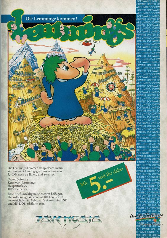 Lemmings Magazine Advertisement (Magazine Advertisements):<br> Amiga Joker (Germany), Issue 01/1991