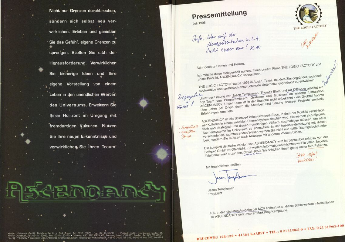 Ascendancy Magazine Advertisement (Magazine Advertisements): MCV 08/95 (Germany)