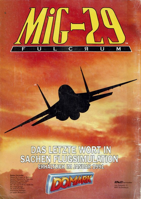 MiG-29 Fulcrum Magazine Advertisement (Magazine Advertisements): Amiga Joker (Germany), Issue 02/1991