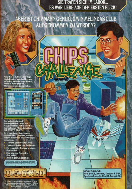 Chip's Challenge Magazine Advertisement (Magazine Advertisements): Amiga Joker (Germany), Issue 02/1991