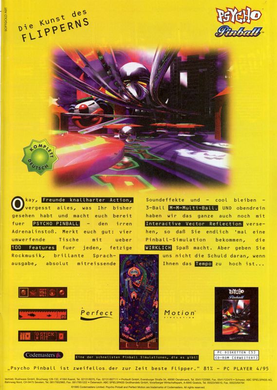 Psycho Pinball Magazine Advertisement (Magazine Advertisements): MCV 06/95 (Germany)