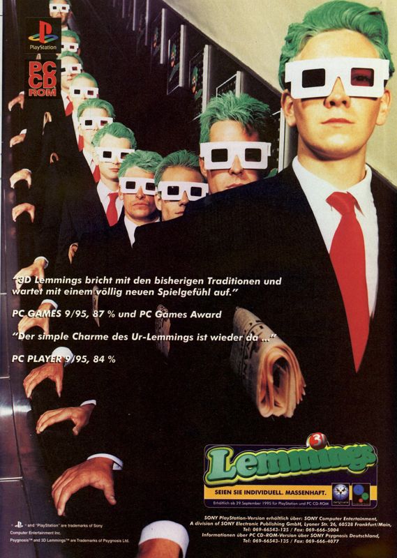 Lemmings 3D Magazine Advertisement (Magazine Advertisements): MCV 10/95 (Germany)