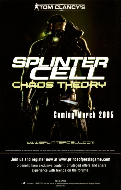 Tom Clancy's Splinter Cell: Chaos Theory Manual Advertisement (Game Manual Advertisements): Prince of Persia: Warrior Within (Europe), PS2 release (manual back)