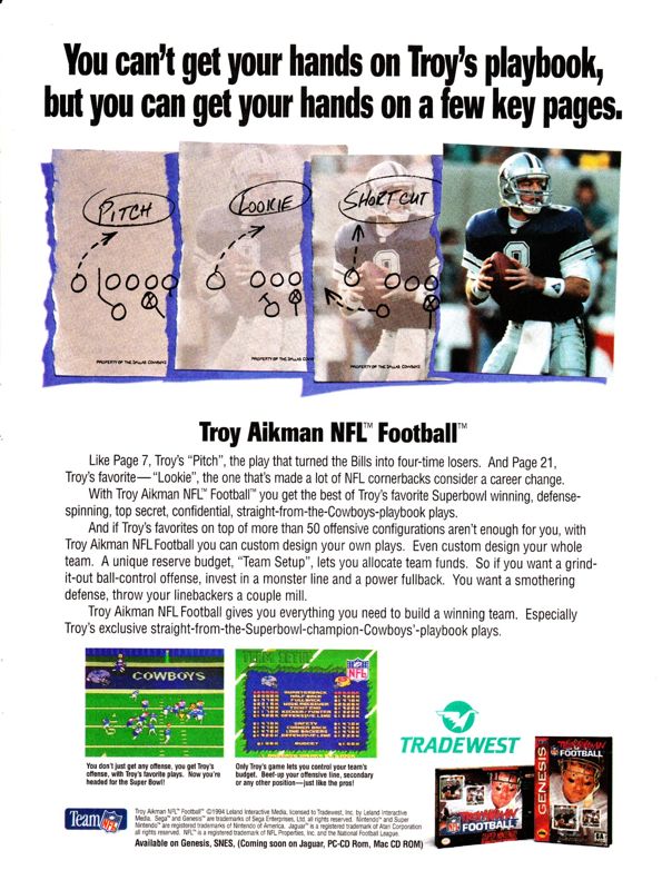 Troy Aikman NFL Football Magazine Advertisement (Magazine Advertisements): Official Magazine Advertisement GamePro (International Data Group, United States), Issue 62 (September 1994)