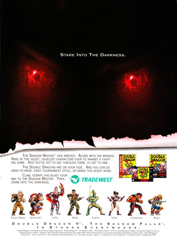 Double Dragon V: The Shadow Falls Magazine Advertisement (Magazine Advertisements): Official Magazine Advertisement GamePro (International Data Group, United States), Issue 62 (September 1994)
