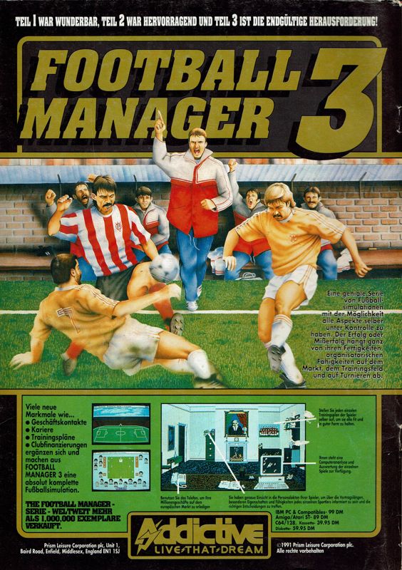 Football Manager 3 Magazine Advertisement (Magazine Advertisements): Amiga Joker (Germany), Issue 12/1992