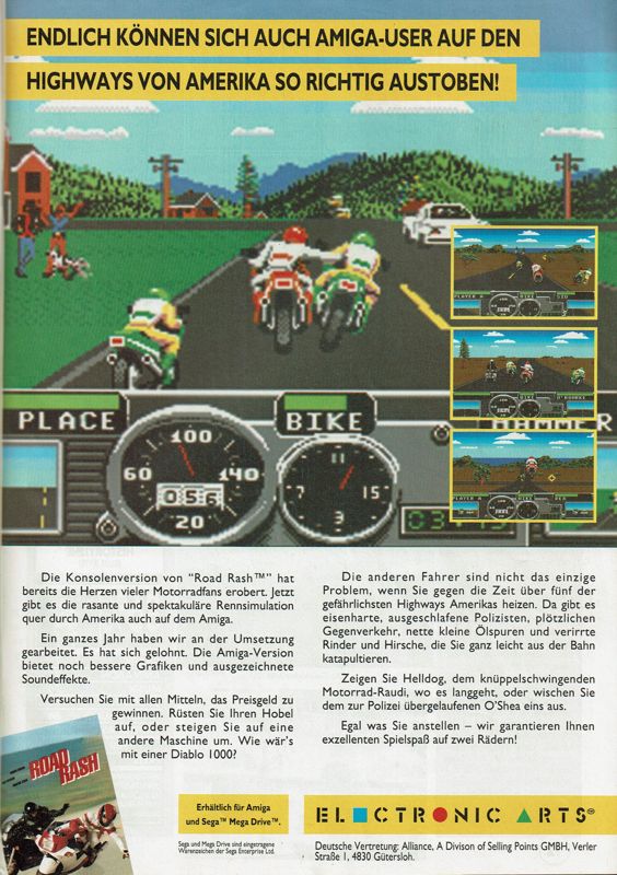 Road Rash Magazine Advertisement (Magazine Advertisements): Amiga Joker (Germany), Issue 11/1992