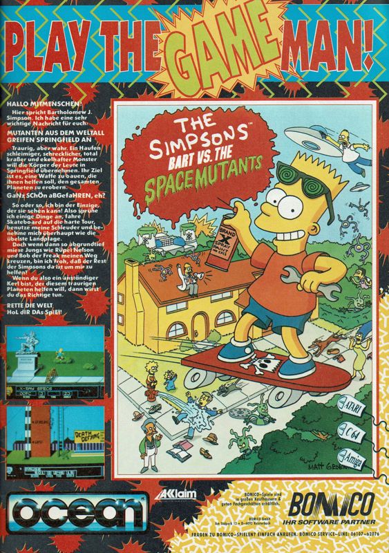 The Simpsons: Bart vs. the Space Mutants Magazine Advertisement (Magazine Advertisements): Amiga Joker (Germany), Issue 11/1991